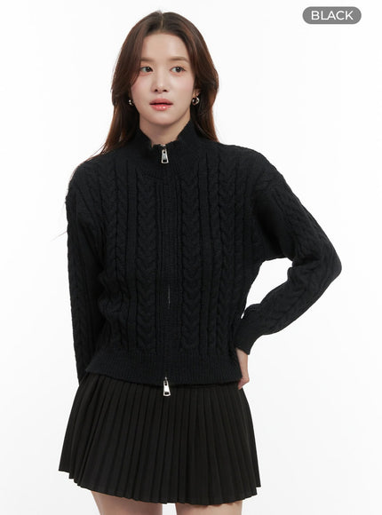 cable-knit-zip-up-crop-cardigan-oo421 / Black