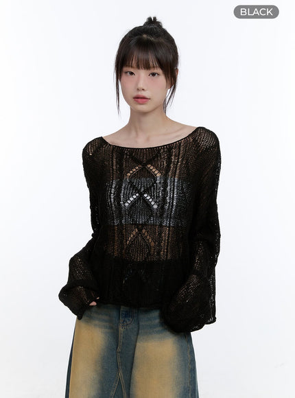 see-through-knit-boat-neck-sweater-cg413 / Black