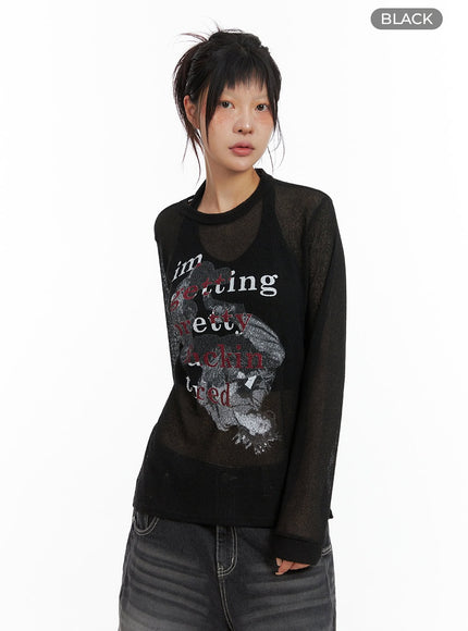 sheer-graphic-long-sleeve-top-cl415 / Black