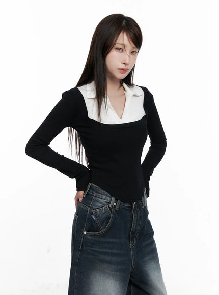 two-tone-square-neck-long-sleeve-top-co521 / Black