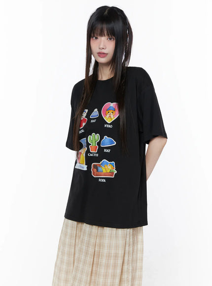 Oversized Graphic Print Tee CU519 in Black, size M/L