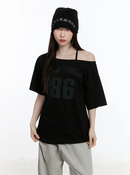 oversized-graphic-one-shoulder-t-shirt-ca502 / Black