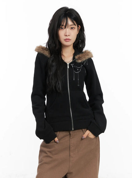 faux-fur-trim-cropped-hoodie-cn528 / Black