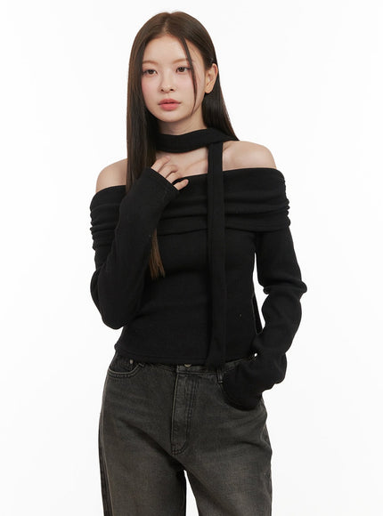 scarf-detail-off-shoulder-sweater-od412 / Black