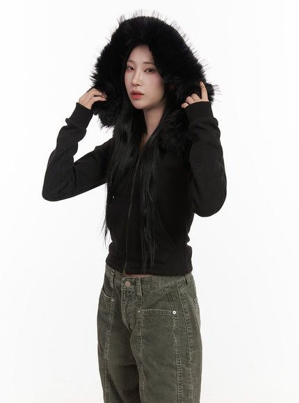 cozy-fur-hooded-crop-jacket-cd404 / Black