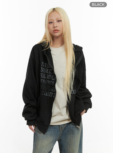 loose-fit-lettering-zip-hoodie-co415 / Black