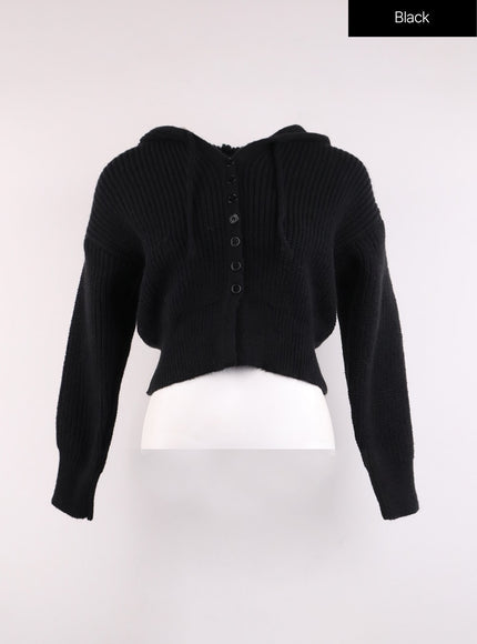 knit-button-crop-hoodie-oj429 / Black