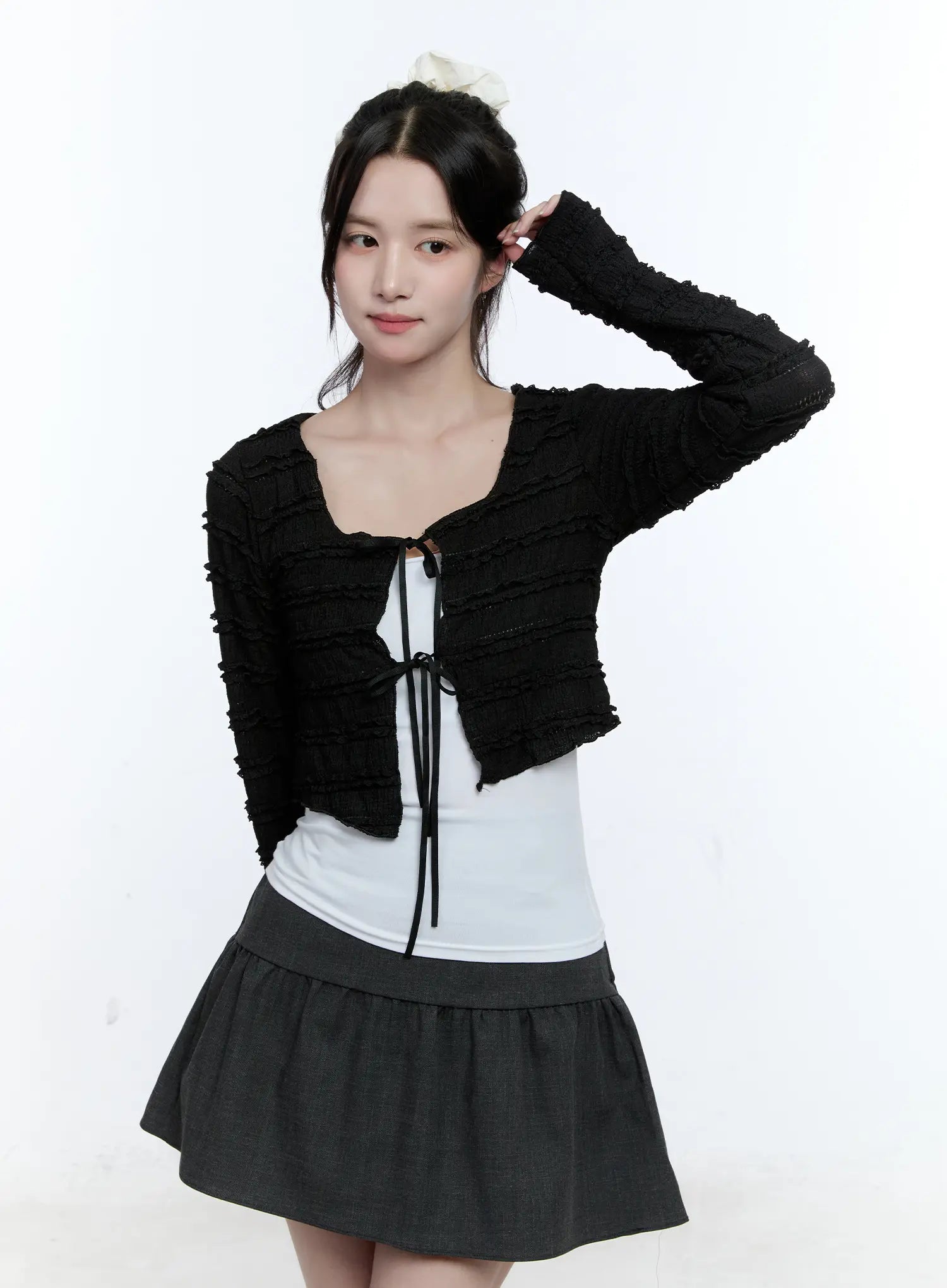 elegant-sheer-frill-ribbon-cardigan-cg514 / Black