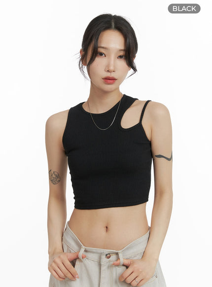 unbalanced-cut-out-crop-cami-top-cm426 / Black