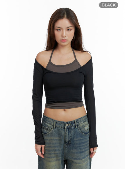 u-neck-layered-crop-top-cl404 / Black