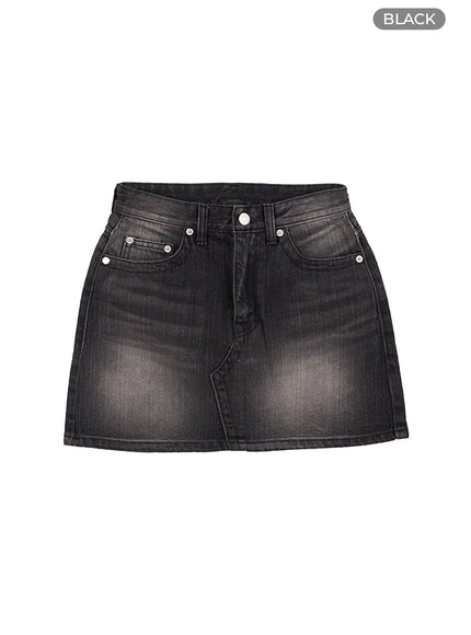 point-detail-washed-denim-mini-skirt-cs424 / Black