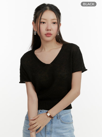 v-neck-short-sleeve-knit-crop-top-oy413 / Black