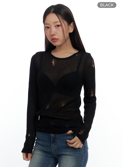 sleek-sheer-ripped-detail-long-sleeve-cs425 / Black