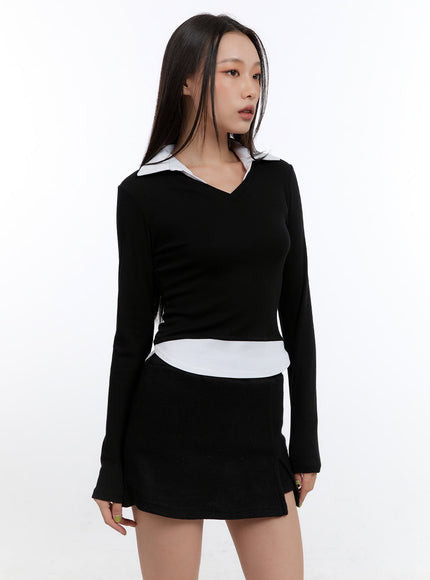 layered-collar-long-sleeve-top-co431 / Black