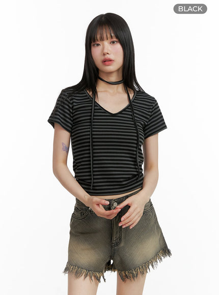 stripe-v-neck-t-shirt-cl401 / Black