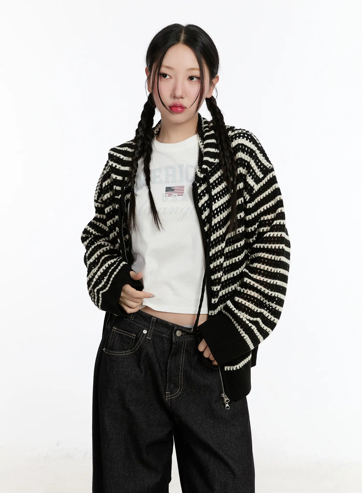 striped-knit-hooded-cardigan-cm511 / Black