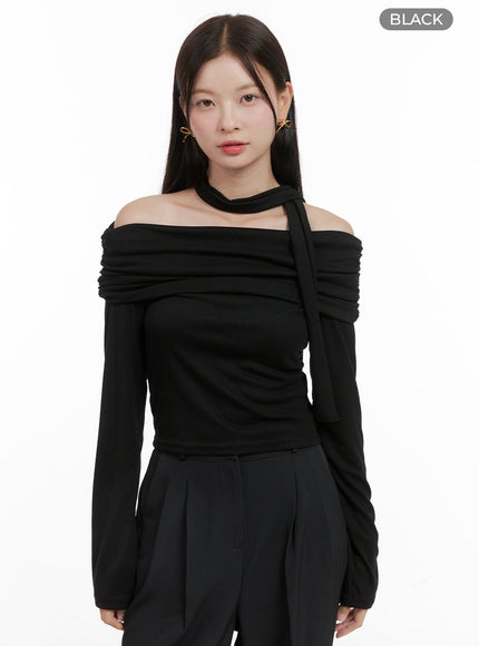 off-shoulder-crop-top-with-scarf-og416 / Black