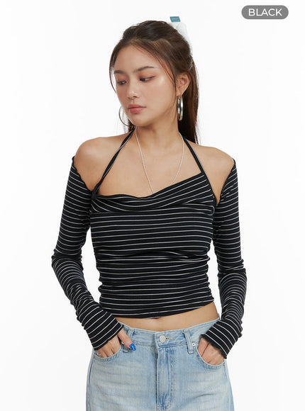 striped-halter-top-bolero-cardigan-set-cy431 / Black