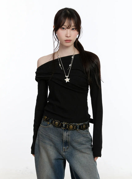 ribbed-one-shoulder-wrap-top-ca502 / Black