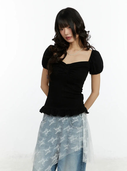 ruffled-puff-sleeve-lace-top-cf510 / Black