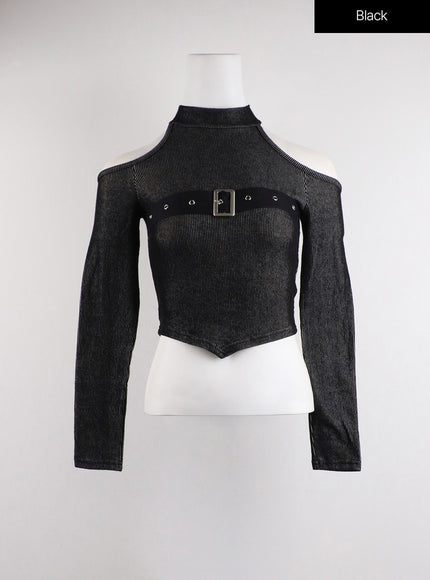 cut-out-turtle-neck-belt-crop-top-cj416 / Black