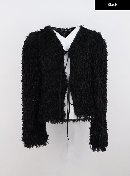 snowy-plush-front-tie-cardigan-co318 / Black