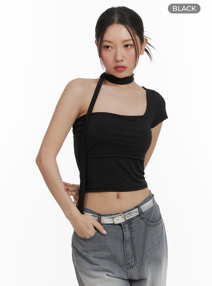 one-shoulder-crop-tee-with-thin-scarf-ca416 / Black