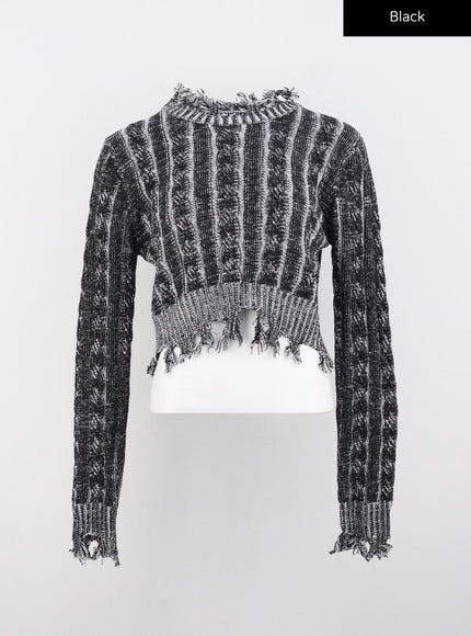 raw-hem-cable-stripe-sweater-co323 / Black