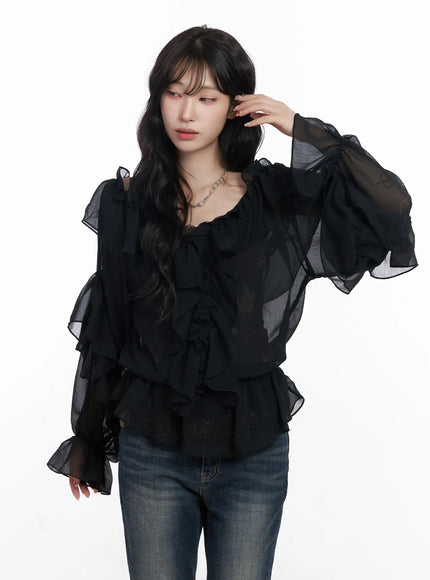 ruffle-long-sleeve-blouse-cj527 / Black