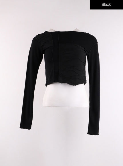 mixed-texture-long-sleeve-top-cf405 / Black