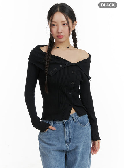 open-collar-buttoned-knit-top-om428 / Black