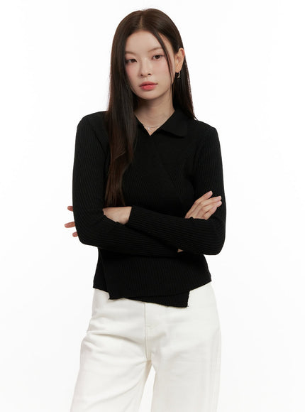 wrap-collared-sweater-on422 / Black