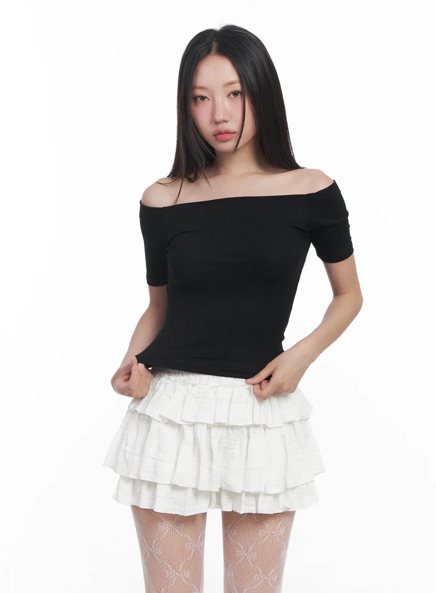 off-shoulder-ribbed-tee-cu516 / Black