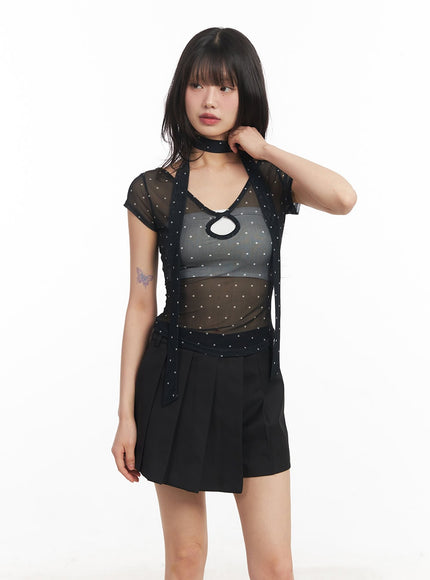 sheer-polkadot-crop-top-with-scarf-ca522 / Black