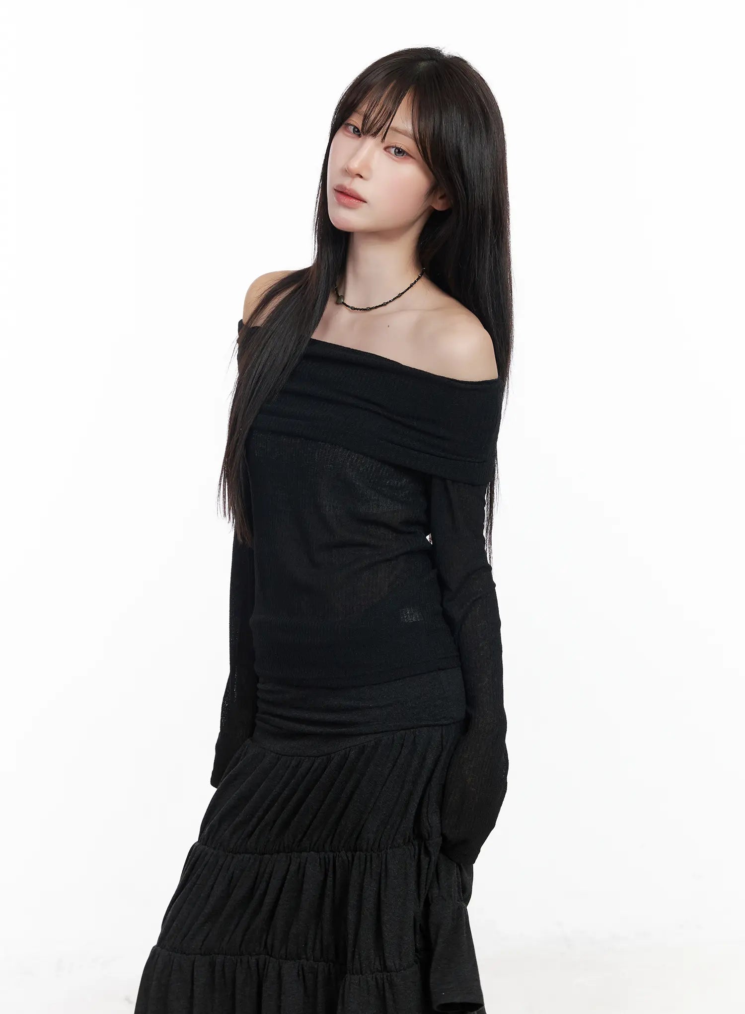 ribbed-off-shoulder-long-sleeve-top-cf523 / Black