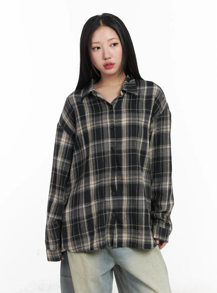 oversized-plaid-button-up-shirt-cd529 / Black