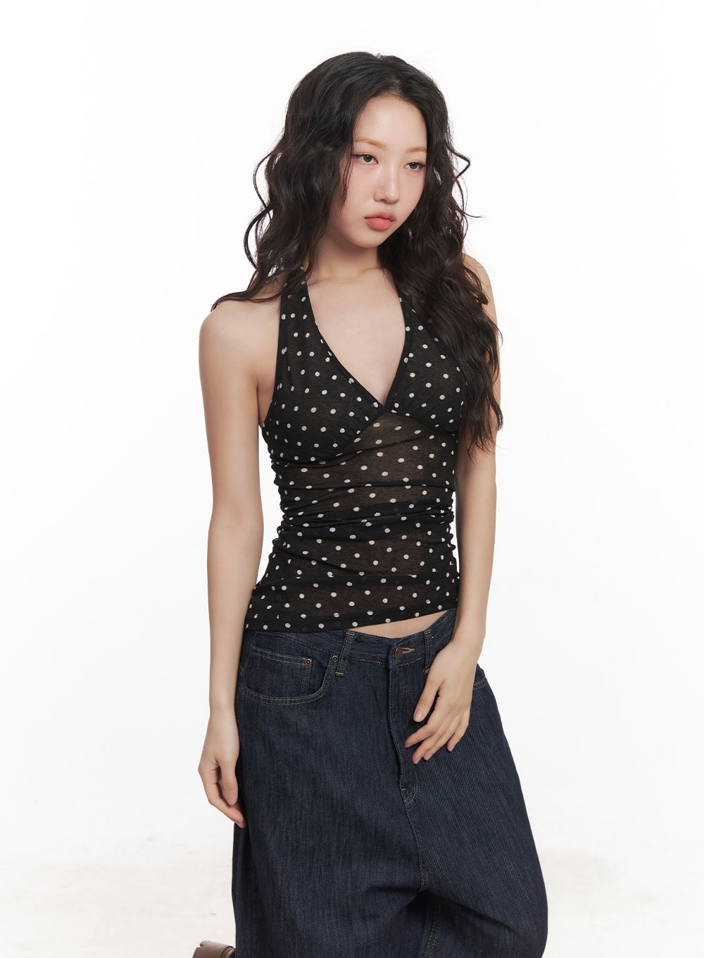 polkadot-sheer-v-neck-halter-cami-top-ca521 / Black