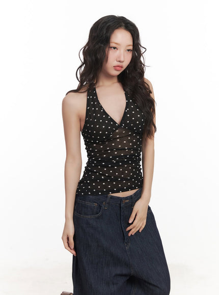 polkadot-sheer-v-neck-halter-cami-top-ca521 / Black