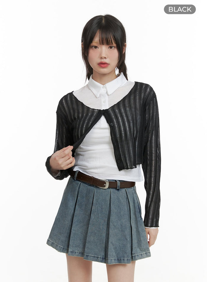 sheer-striped-buttoned-cropped-cardigan-cy414 / Black