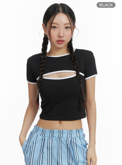 color-block-cutout-crop-tee-om428 / Black