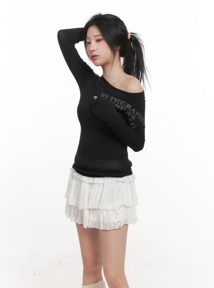 one-shoulder-long-sleeve-crop-top-cj516 / Black