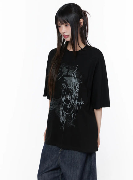 Casual Graphic Short Sleeve Top CU519 in Black, size M/L