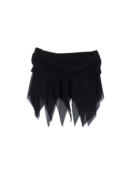 sheer-frill-asymmetric-mini-skirt-cl518 / Black