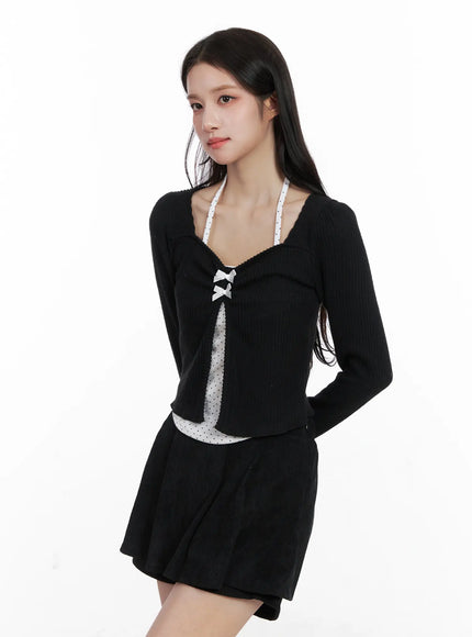 polka-dot-cami-and-ribbon-cardigan-set-cn527 / Black