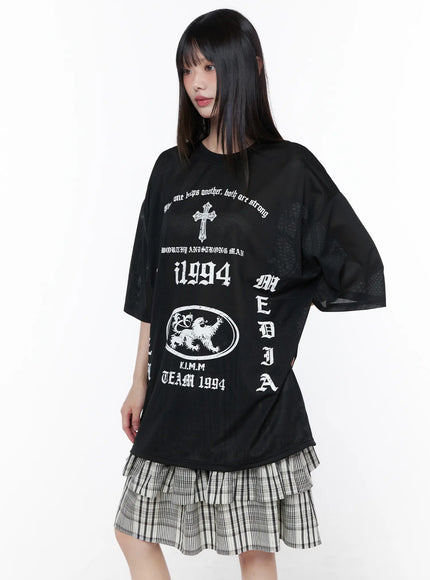 Oversized Mesh Graphic Tee CU519 in Black, size M/L