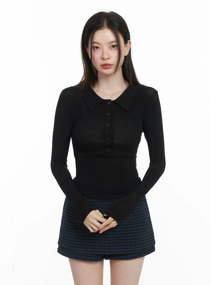 ribbed-long-sleeve-collared-shirt-cj507 / Black