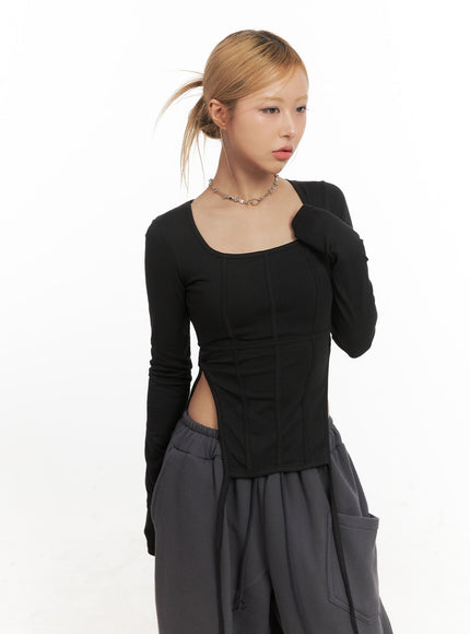 side-slit-long-sleeve-top-cj507 / Black