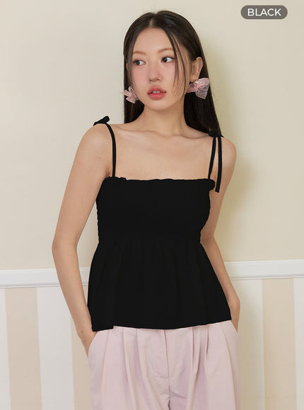 smocked-ribbon-strap-sleeveless-top-oy424 / Black