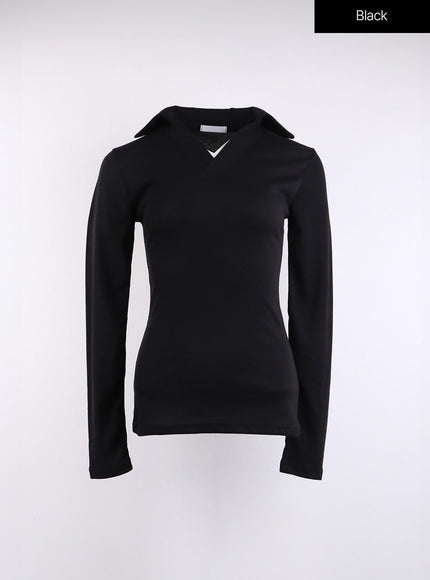 v-neck-collar-long-sleeve-tee-cj419 / Black