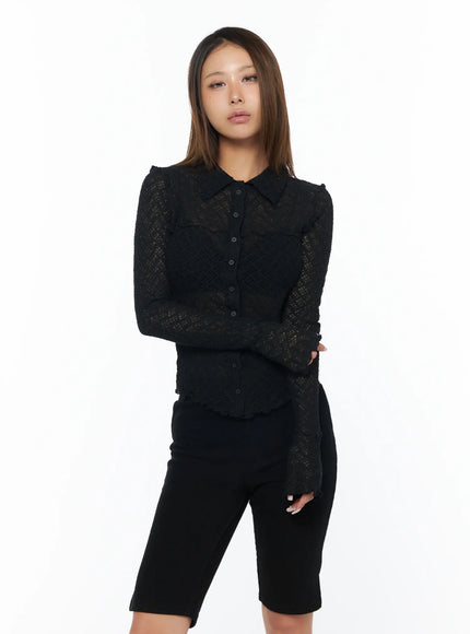 sheer-lace-long-sleeve-button-down-blouse-ca516 / Black